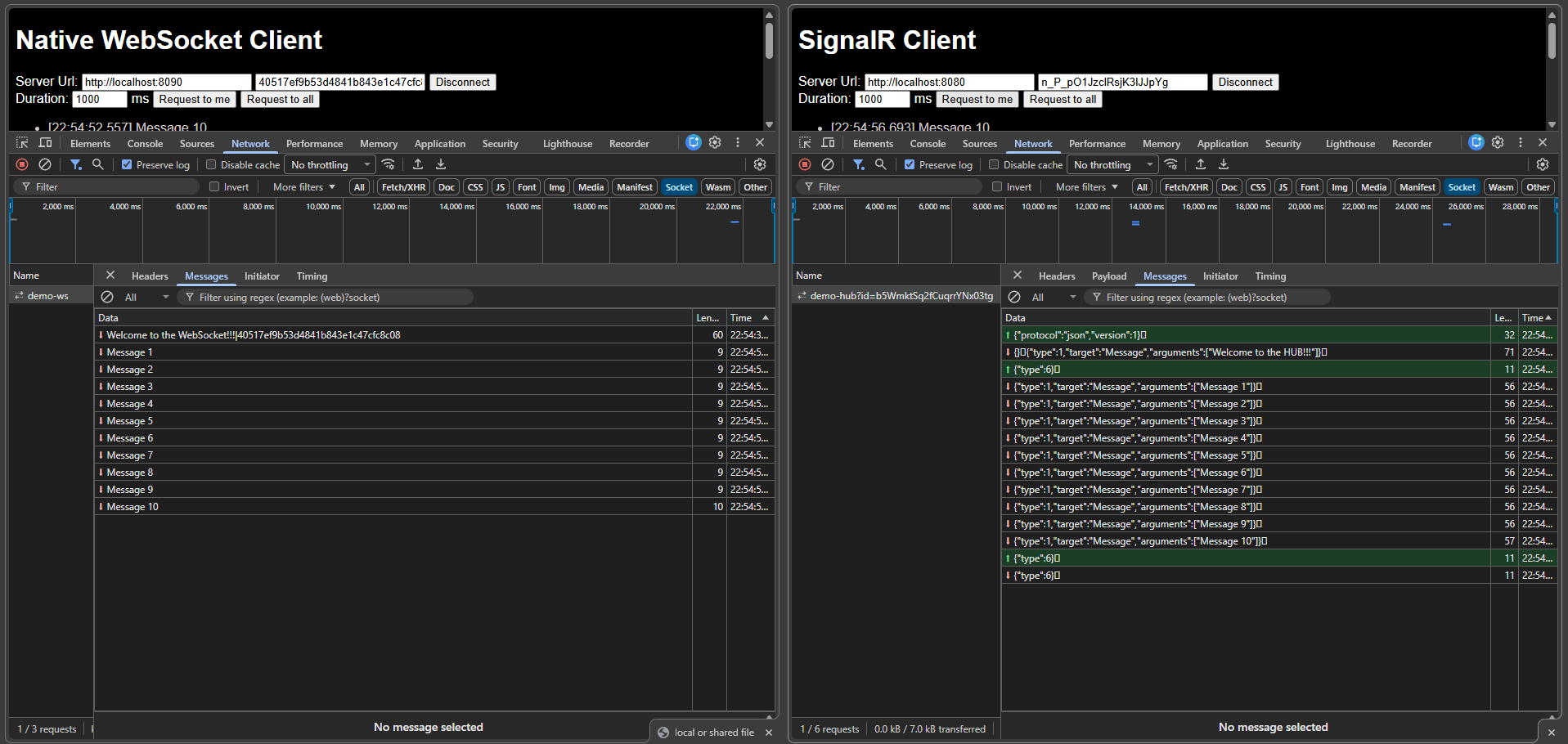 DevTools comparison between a raw WebSocket connection and a SignalR connection