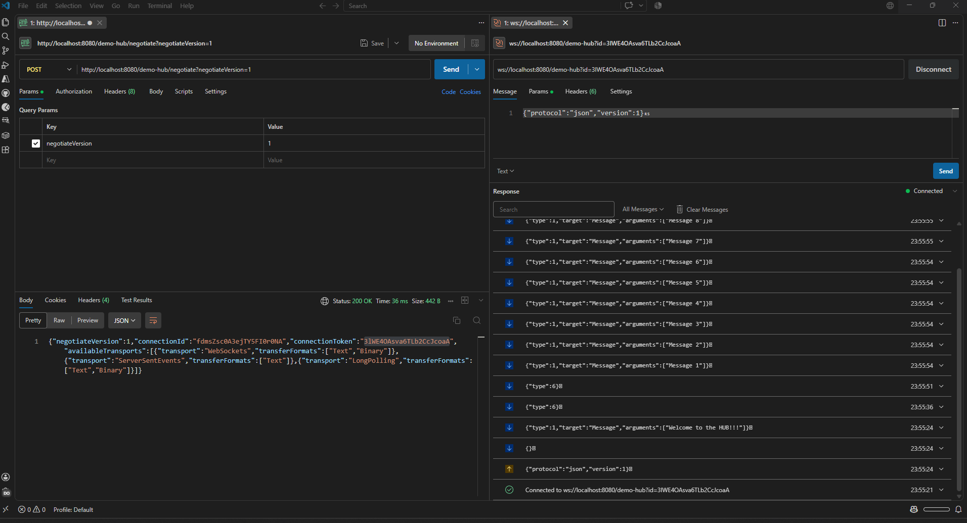 WebSocket request in Postman sending the SignalR handshake